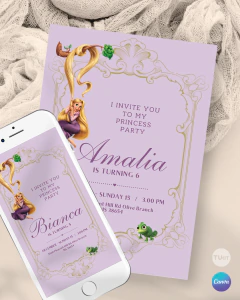 Invitación para cumple años, texto editable canva, princesa rapunzel, princess party, marco dorado tukit