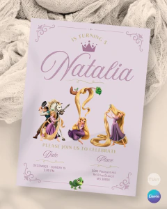 Plantilla de invitación, texto editable canva, varias princesas rapunzel, princess party, tonos violetas en internet