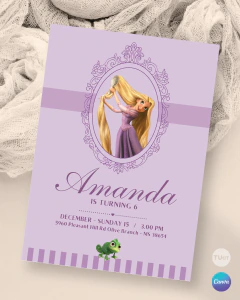 Invitación para cumple años, texto editable canva, princesa rapunzel en ovalo, princess party tukit en internet