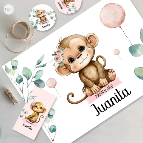 Kit imprimible monos monito flores acuarela tukit