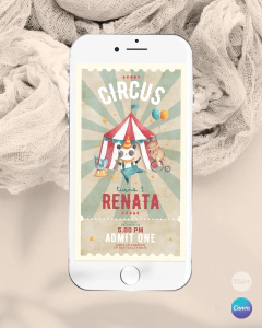 Invitación ticket circo acuarela, invitaciones editables canva, circus party, animales de circo tukit - TuKit