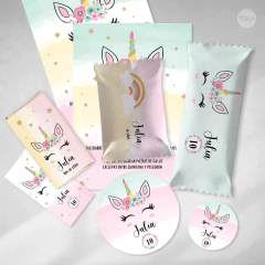 Kit imprimible unicornio acuarelas rosa verde amarillo candy bar tukit