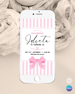 Invitación coquette party, invitaciones editables canva, invitaciones coquetas - tienda online