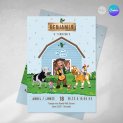 Invitacion animales de la granja zenon celeste texto editable canva tukit