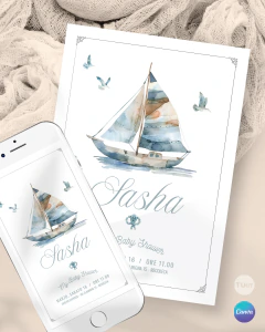 Invitación para cumple años, texto editable canva, barco acuarela, ship party tukit