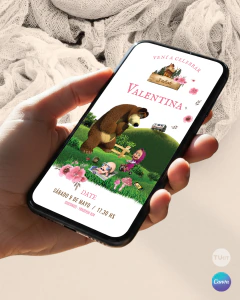 Invitación masha oso, texto editables canva, flores tukit - comprar online