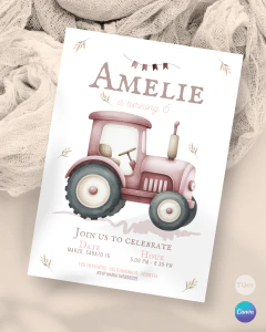 Imagen de Invitación tractor rosa, texto editables canva, invitaciones tractores tukit