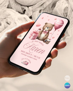 Plantilla de invitación, texto editable canva, oso acuarela, bear party,, tonos rosas - comprar online