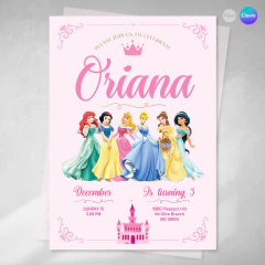 Invitación princesas, texto editable canva, cumple de princesas, birthday princess, invitation template - comprar online