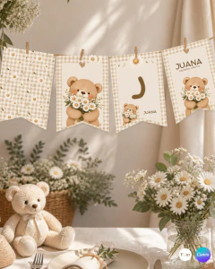 Banderines imprimibles oso flores margaritas, banderín, cumpleaños y eventos, texto editable canva tukit