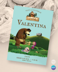 Invitación masha oso, texto editables canva, paisaje tukit en internet