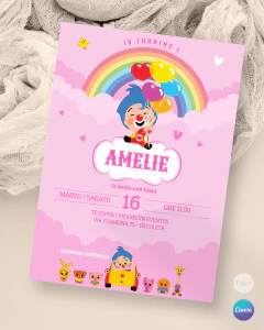 Plantilla de invitación, texto editable canva, payaso plim plim arcoiris, clown party,, tonos rosas en internet