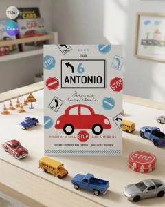 Imagen de Invitación texto editable canva, auto rojo, invitation template