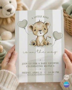 Invitación para baby shower, texto editable canva, leon bebe, lion party tukit en internet