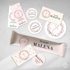Imagen de Kit imprimible bautismo comunión flores mariposas rosas tukit