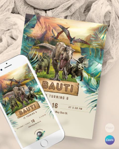Invitacion dinosaurios hojas verdes texto editable canva tukit