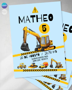 Invitacion excavadoras, tractor amarillo texto editable canva cumples tukit - TuKit