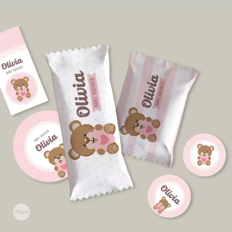 Kit imprimible osito bebe rosa candy bar tukit