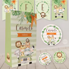 Kit imprimible animales de la selva acuarela verde naranja marron tukit - tienda online