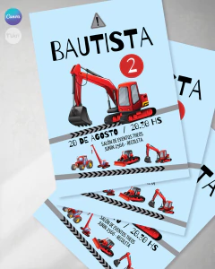 Invitacion excavadoras, tractor rojo texto editable canva cumples tukit - TuKit