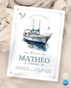 Imagen de Invitación para cumple años, texto editable canva, bote abierto acuarela, party on board tukit