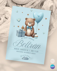 Plantilla de invitación, texto editable canva, oso acuarela, bear party,, tonos celestes - tienda online