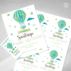 Imagen de Kit imprimible globos aerostaticos flores verde menta cumpleaños tukit