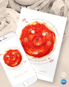Invitación pizza party, invitaciones editables canva, invitaciones pizza party