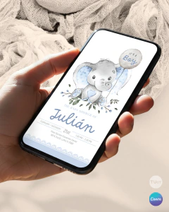 Plantilla de invitación, texto editable canva, elefante acuarela celeste, elephant party,, tonos celestes - comprar online