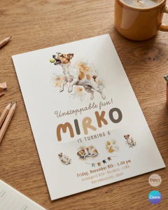 Plantilla de invitación, texto editable canva, perro jack Russell, dog party, tonos neutros en internet