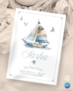 Imagen de Invitación para cumple años, texto editable canva, barco acuarela, ship party tukit