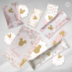 Imagen de Kit imprimible minnie glitter dorado flores rosas tukit
