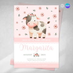 Invitacion editable, invitación vaca flores rosas, invitaciones canva editable, cumple vaquita, baby shower, invitation template