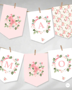 Banderines imprimibles flores rosas, banderín, cumpleaños y eventos, abecedario tukit