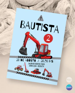 Invitacion excavadoras, tractor rojo texto editable canva cumples tukit - TuKit