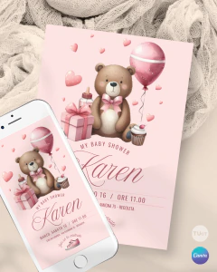 Plantilla de invitación, texto editable canva, oso acuarela, bear party,, tonos rosas