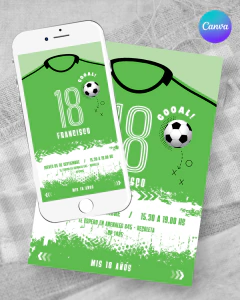 Plantilla de invitación, texto editable canva, camiseta de futbol, soccer party, tonos verdes - comprar online