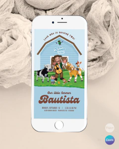 Invitacion animales de la granja zenon celeste texto editable canva tukit - TuKit