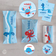 Imagen de Kit imprimible animales del mar colores azul rojo celeste tukit