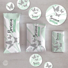 kit imprimible mariposas, butterfly party bundle, verde agua, glitter plata, milkbox, banderin