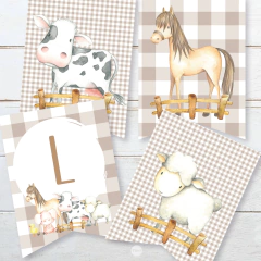 kit imprimible animales de la granja, cumpleaños granja, animalitos, birthday farm, vichy, cuadrille beige, marron