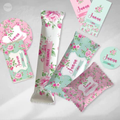 Imagem do Kit imprimible flores verde fuxia candy bar tukit