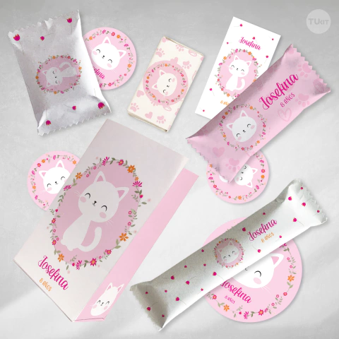 Kit imprimible gatitos cats flores fuxias naranjas tukit