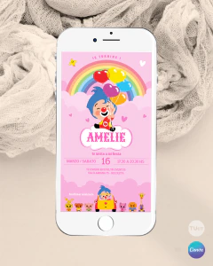 Plantilla de invitación, texto editable canva, payaso plim plim arcoiris, clown party,, tonos rosas - TuKit