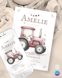 Invitación tractor rosa, texto editables canva, invitaciones tractores tukit