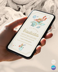 Plantilla de invitación, texto editable canva, el principito, the little prince party, tonos beige marco dorado - comprar online