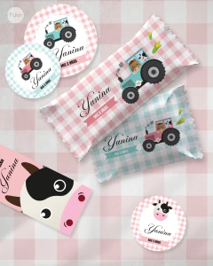 Kit imprimible animalitos de la granja colores pasteles candy bar tukit