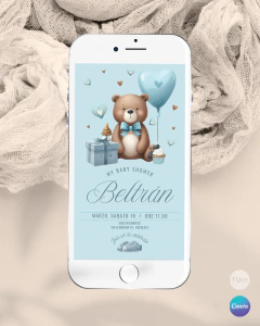 Plantilla de invitación, texto editable canva, oso acuarela, bear party,, tonos celestes - TuKit