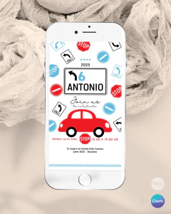 Invitación texto editable canva, auto rojo, invitation template - TuKit