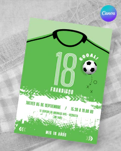 Plantilla de invitación, texto editable canva, camiseta de futbol, soccer party, tonos verdes - TuKit